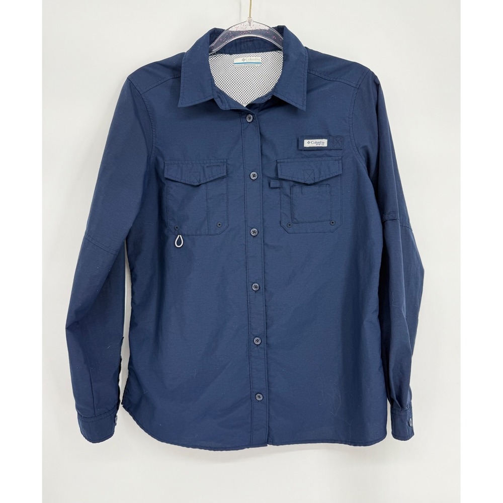Columbia PFG Bahama II Navy Blue Long Sleeve Fishing Shirt Womens Sz M